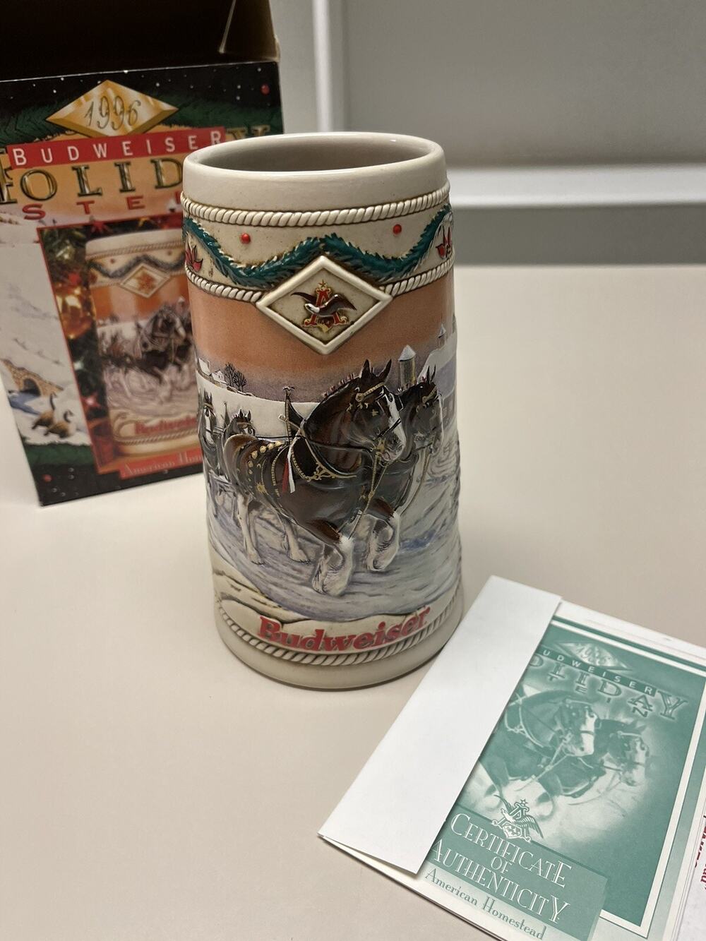1996 Budweiser Holiday Beer Stein AMERICAN HOMESTEAD Ceramarte
